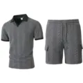 Men's grey jacquard V-neck polo shirt and cargo shorts matching two-piece set for summer. - S / Top And Bottom / Dark Gray