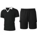 Mens summer knit short sleeve polo shirt and cargo shorts set, contrast collar patch wear. - S / Top And Bottom / Black
