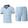 Men summer light blue knit polo shirt and matching cargo shorts two piece outfit. - S / Top And Bottom / Light Blue