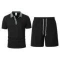 Set polo e pantaloncini in maglia waffle da uomo, abbigliamento sportivo casual estivo. - Taglia S / Top e Pantaloni / Nero