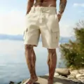 Men's casual beige cargo shorts with drawstring elastic waist, perfect for daily beach wear. - S / Khaki