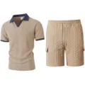 Men's casual cable knit contrast color polo shirt and cargo shorts summer outfit. - Khaki