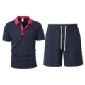 Men's summer waffle polo shirt and shorts set, dark blue with red collar, casual two-piece outfit. - Navy Blue