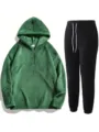 Completo tuta sportiva uomo felpa con cappuccio mezza zip e pantaloni in pile corallo. - Taglia S / Set / Verde militare