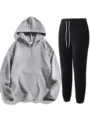 Completo tuta uomo felpa con cappuccio mezza zip e pantaloni in pile autunno - Taglia S / Set / Grigio