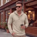 Ανδρικό πουκάμισο henley με κουκούλα από υφή βάφλας, χαλαρό ρετρό μακρυμάνικο επάνω μέρος. - S / Χακί