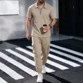 Men waffle knit short sleeve zip polo shirt and cargo pants casual two piece set khaki. - S / Top And Bottom / Khaki