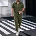 Men's waffle knit zipper polo shirt and matching cargo pants casual two piece set green - S / Top And Bottom / Army Green
