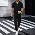 Men's black waffle knit short sleeve zip polo shirt and matching cargo pants casual set - S / Top And Bottom / Black