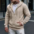 Men's casual zip-up hooded sweatshirt jacket with knit texture and solid beige color style. - S / Khaki