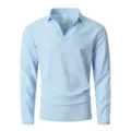Men's light blue long sleeve V-neck henley shirt casual pullover top for beach vacation. - S / Light Blue