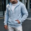 Men's light blue zip-up knitted texture hoodie casual street wear jacket outerwear - S / Light Blue