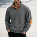 Jersey de hombre gris de punto gofrado cuello alzado manga larga con parches naranja variante. - S / Gris