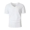 Men casual plain white v-neck short sleeve t-shirt summer basic breathable tee top - S / White