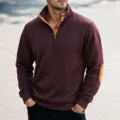 Sudadera hombre casual cuello alzado manga larga de punto gofrado con parches de color. - S / Rojo Oscuro