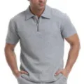 Herren Waffelstrick Kurzarm Polohemd lässiges Reißverschluss Oberteil Sommer Mode Bekleidung - S / Oberteile / Hellgrau