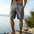 Mens casual linen blend gray cargo shorts with drawstring elastic waist and multi pockets. - Gray