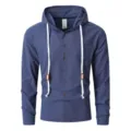 Chemise en lin à capuche manches longues pour homme haut décontracté avec cordon bleu marine - S / Bleu marine