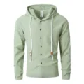 Homme vert clair coton lin capuche manches longues chemise boutons top de loisir mode - S / Vert clair