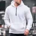 Herren weißer Fleece-Pullover mit halbem Reißverschluss, warme Kapuzenpullover Winter. - S / Weiß
