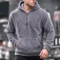 Herren kuscheliger grauer Fleece-Pullover mit halbem Reißverschluss, warme Winter-Freizeit-Hoodie. - S / Grau