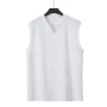 Men's white knitted vertical striped slim fit V-neck tank top for summer sports and fitness. - S / Tops / White