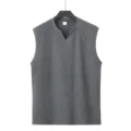 Men grey knitted vertical stripe slim fit V-neck tank top, ideal for summer fitness and casual wear. - S / Tops / Gray