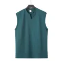 Men's knitted vertical stripe sleeveless vest slim fit V-neck fitness sports casual top summer - Dark Green