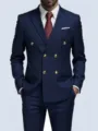 Detail view of men's navy blue double breasted suit jacket with elegant gold metal buttons. - Navy Blue