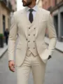 Men beige three piece suit slim fit double breasted business wedding tuxedo blazer set - US Size M / Set / Beige