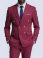 Men's burgundy double breasted suit jacket with gold buttons and elegant business style. - Burgundy