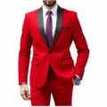 Close-up of men's red slim fit suit with black shawl lapel for wedding and formal events - M / Top And Bottom / Red