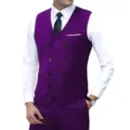 Detail view of purple double-breasted suit vest for men with slim fit and classic V-neck style. - US Size M / Tops / Purple