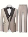 Men's 3-piece business wedding suit set with jacket vest and trousers for formal events. - Off White