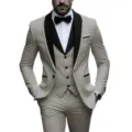 Men's beige three-piece slim fit suit detail, black lapel tuxedo jacket vest and trousers set. - Off White