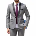 Detail view of grey men's suit jacket featuring black shawl lapel, crisp white shirt and patterned tie. - Light Gray