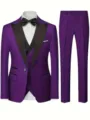 Men's 3-piece purple tuxedo suit set for wedding party, elegant slim fit business blazer. - Purple