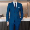 Men's royal blue double-breasted suit, elegant business formal blazer set for professional wear. - Lake Blue