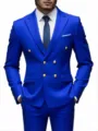 Close-up detail of men's royal blue double-breasted suit jacket with shiny gold buttons. - XXS / Tops / Sapphire Blue