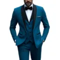 Men's slim fit three-piece suit turquoise wedding tuxedo jacket vest and trousers set - Lake Blue