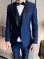 Men's royal blue tuxedo detail showing shawl lapel, slim fit jacket, vest and matching trousers. - Navy Blue