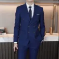 Men royal blue double breasted suit business formal wear set gentleman style jacket pants - Navy Blue