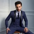 Detailed close-up shot of men's blue three-piece wedding tuxedo with elegant shawl lapel. - XXS / Top And Bottom / Navy Blue