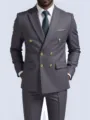 Men's double breasted grey suit jacket with gold buttons, stylish business casual fit. - XXS / Tops / Dark Gray