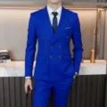 Detail view of the royal blue double breasted men suit, elegant business formal wear set. - Sapphire Blue