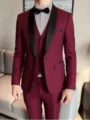 Detail view of men wine red three piece suit, slim fit shawl lapel groom wedding blazer set. - US Size M / Top And Bottom / Burgundy