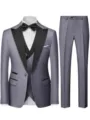 Grey 3-piece men suit detail view, black lapel tuxedo jacket, vest, and trousers. - Light Gray