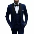 Men's Navy Blue 3-Piece Tuxedo Suit Set Slim Fit Groom Wedding Formal Wear Detail View - Navy Blue