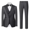 Men three-piece formal suit set in dark grey, featuring jacket, vest, shirt and matching trousers. - Dark Gray