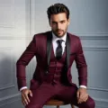 Burgundy three-piece men wedding suit shawl lapel groom tuxedo close-up professional styling look. - XXS / Top And Bottom / Burgundy